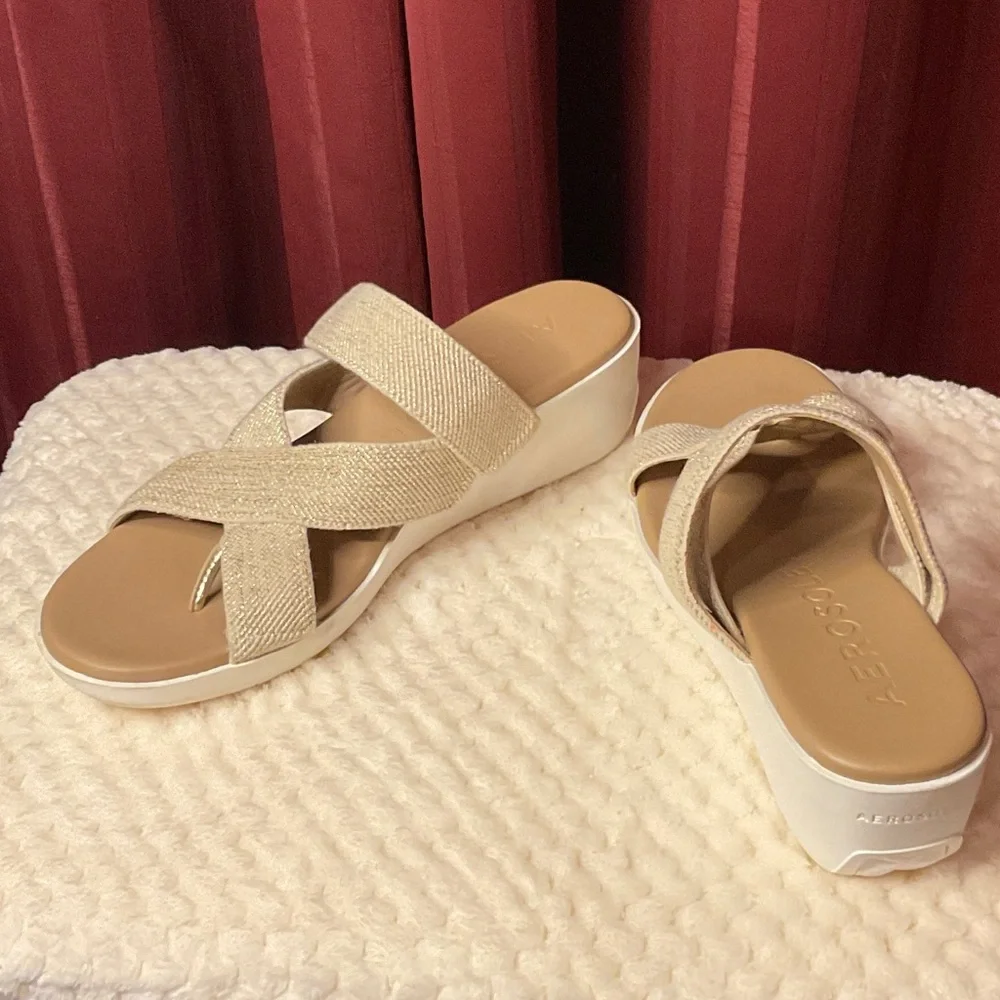 AEROSOLES Sparkle Crisscross Beige Slide Sandals sz 8.5
